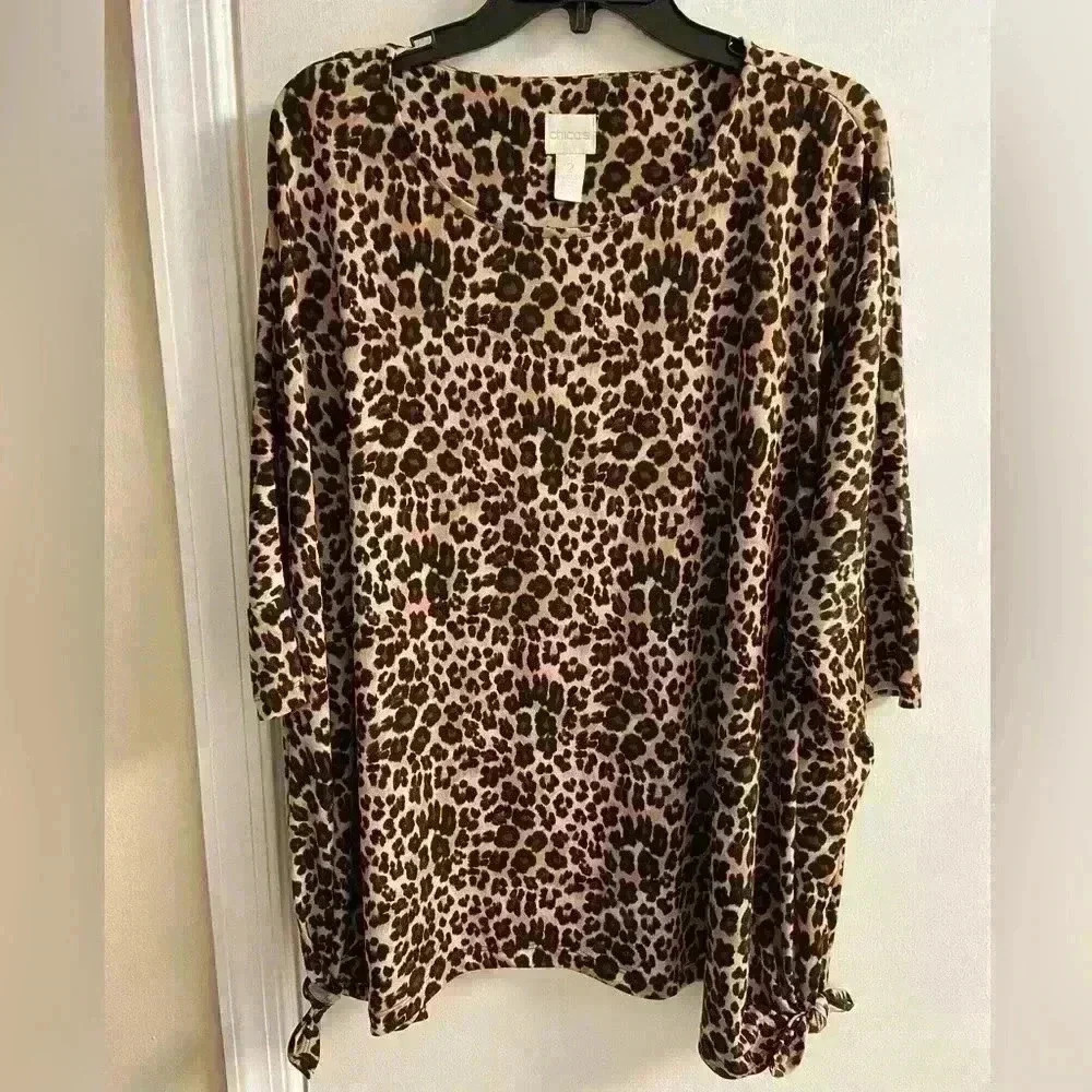 Chicos Leopard Print Crewneck Tunic Top Large